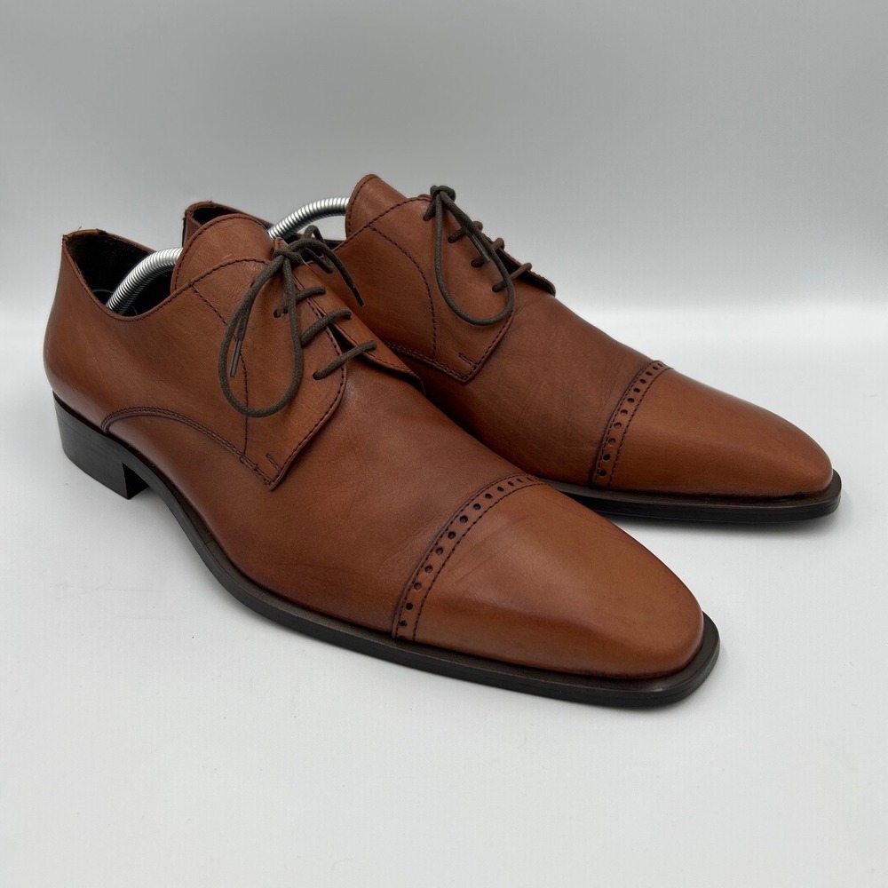 SOULIER Mens Cognac Brown Leather Cap Toe Brogue Derby Shoes Size 43‎ - Picture 2 of 8